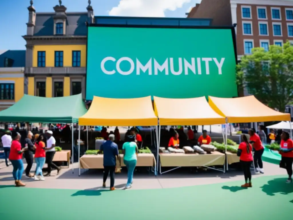 Voluntarios organizando un evento comunitario en una plaza urbana