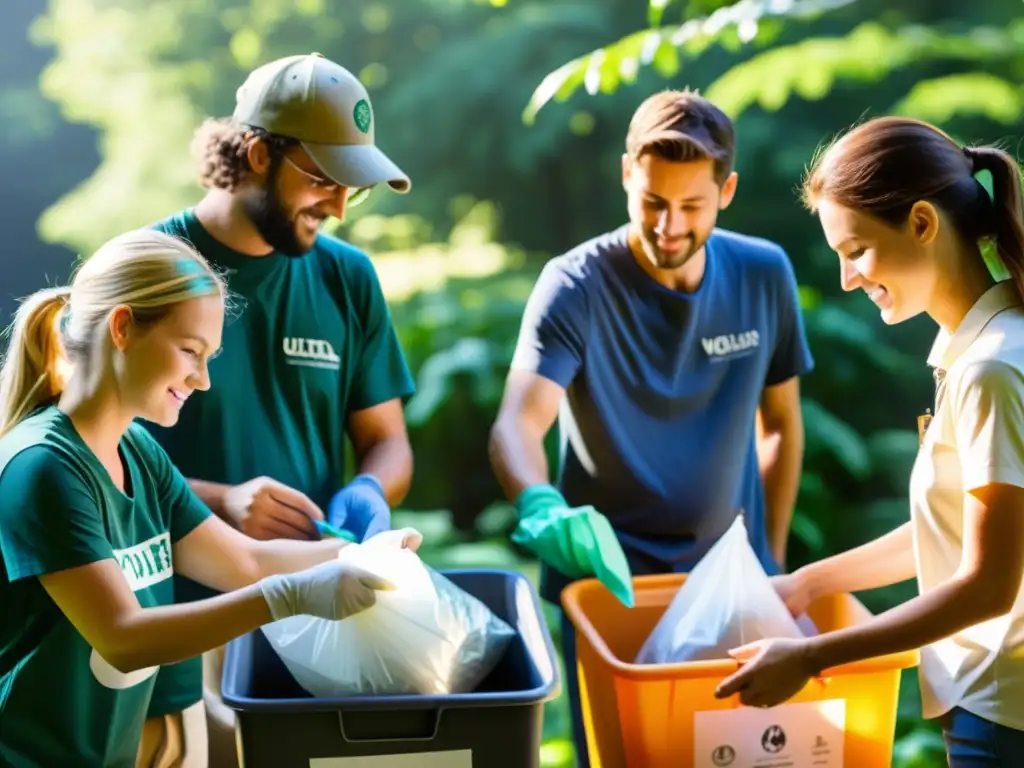 Voluntarios organizando eventos sostenibles ONG, clasificando cuidadosamente residuos, con luz solar entre los árboles y discusiones ambientales de fondo