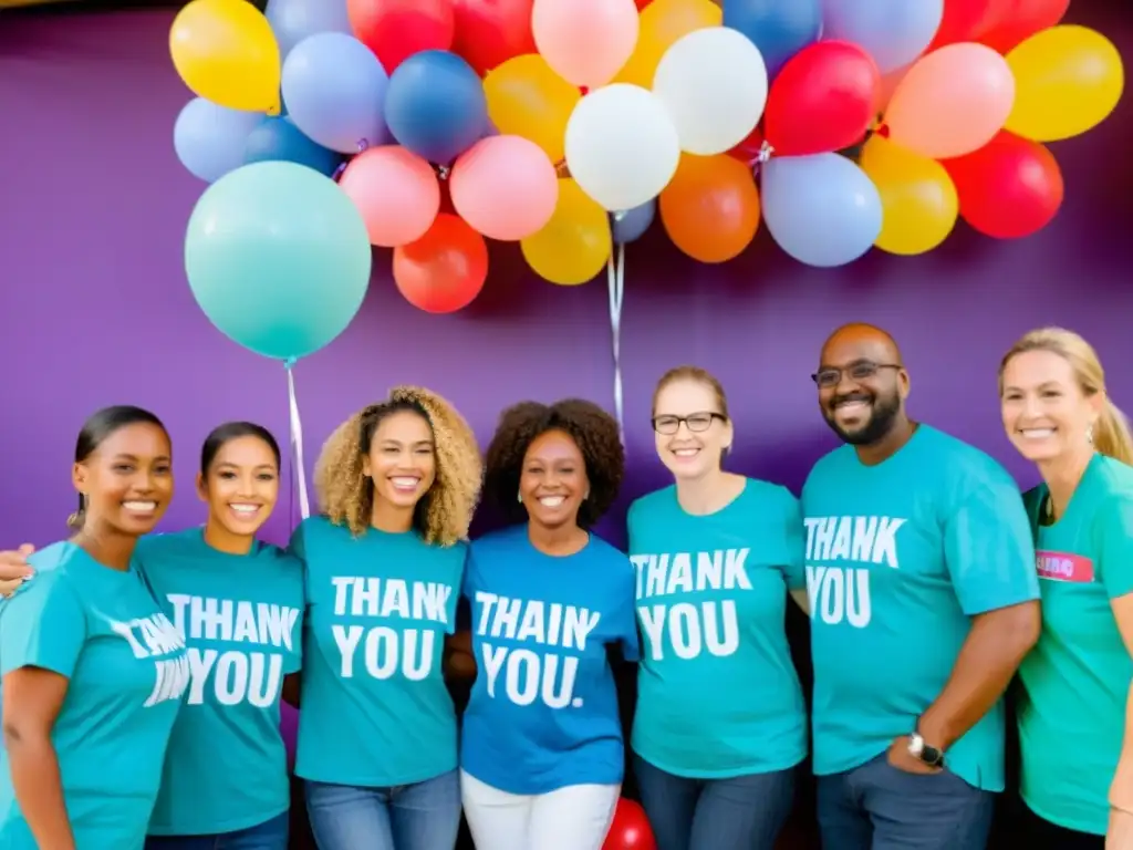 Voluntarios felices agradecen donantes en evento benéfico con tokens