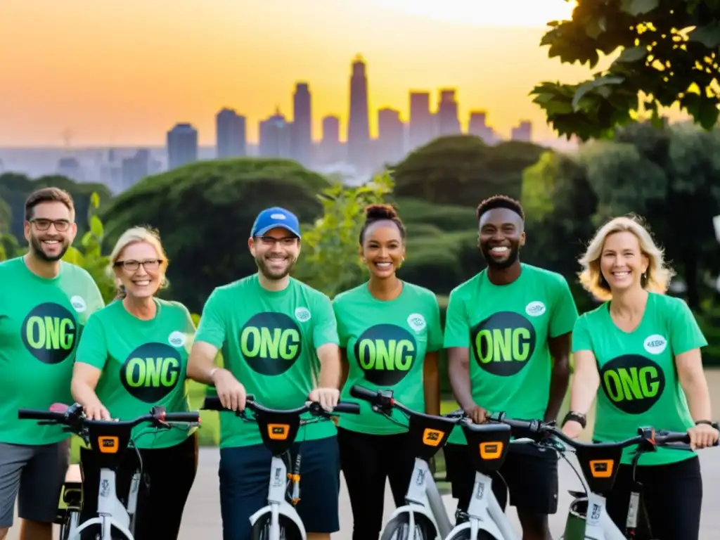 Voluntarios felices promoviendo proyectos innovadores movilidad sostenible ONGs con bicicletas eléctricas y paisaje urbano al atardecer