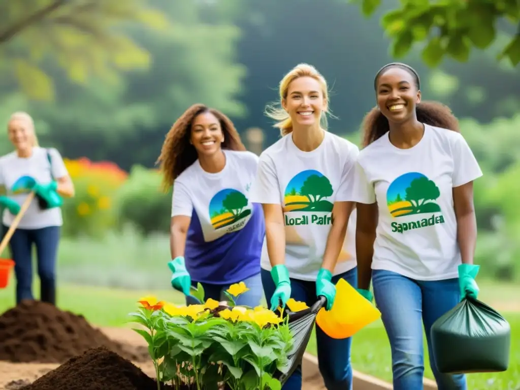 Voluntarios de una ONG sin fines de lucro trabajan juntos para limpiar un parque local, con vegetación exuberante y flores coloridas en el fondo