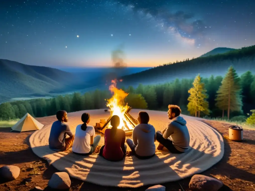 Voluntarios en fogata, comparten historias bajo las estrellas en un bosque