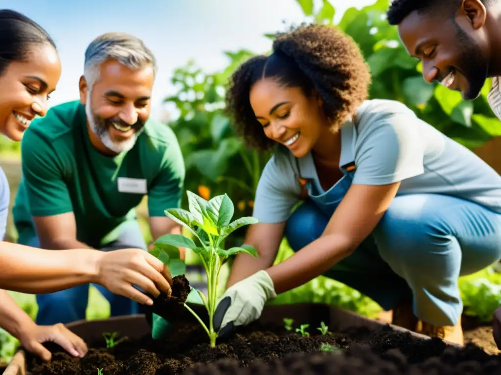 Voluntarios de distintos grupos colaboran en un jardín comunitario, integrando minorías en proyectos sociales con camaradería y esperanza