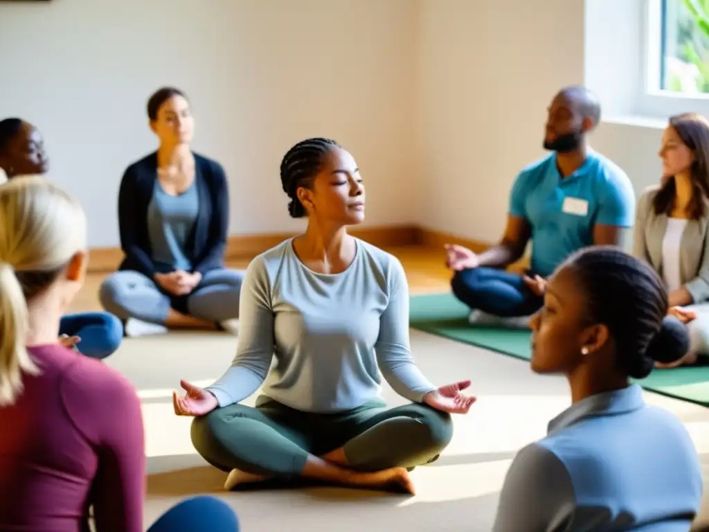 Voluntarios en ONG participan en sesión de meditación guiada, creando un ambiente de bienestar y apoyo