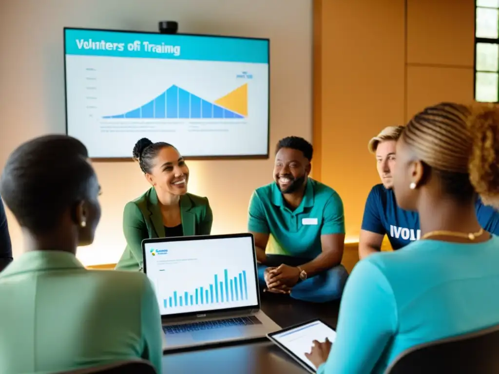 Voluntarios aprendiendo habilidades digitales con instructor apasionado en ONG