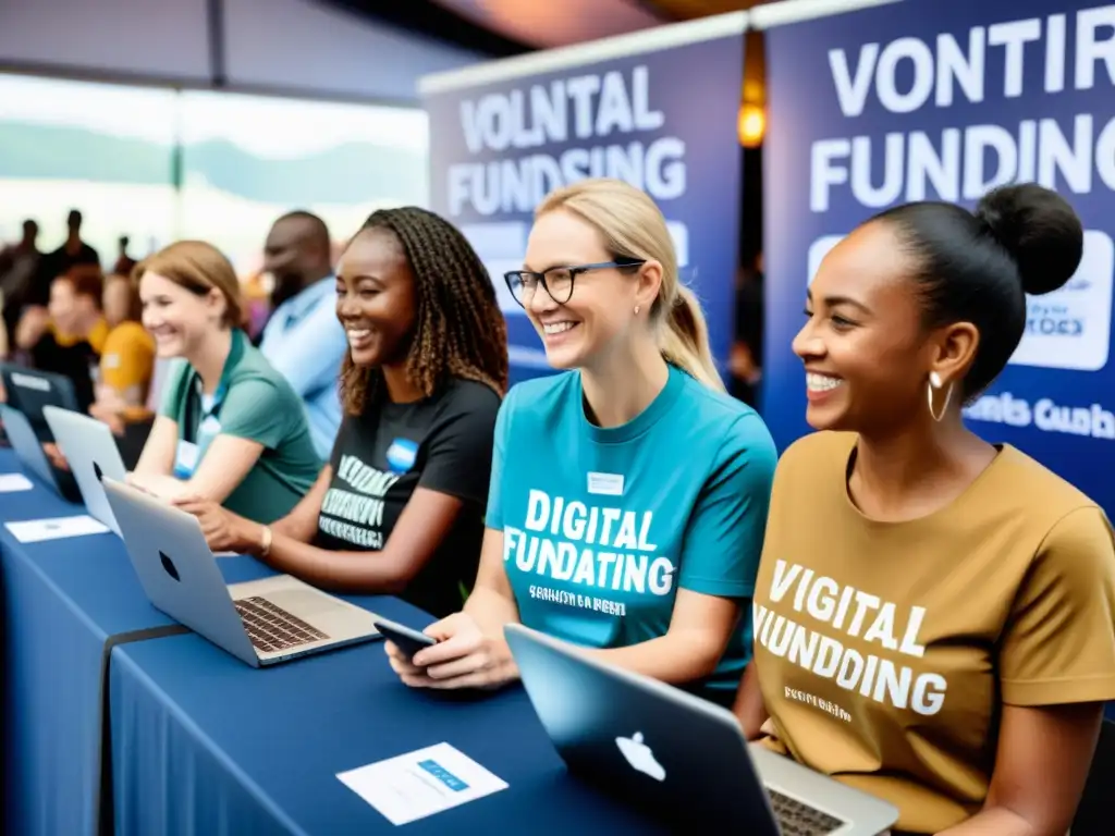 Voluntarios dinámicos en evento benéfico Voluntarios usan herramientas digitales para ONG 2023 en evento solidario, mostrando pasión y dinamismo en recaudación de fondos