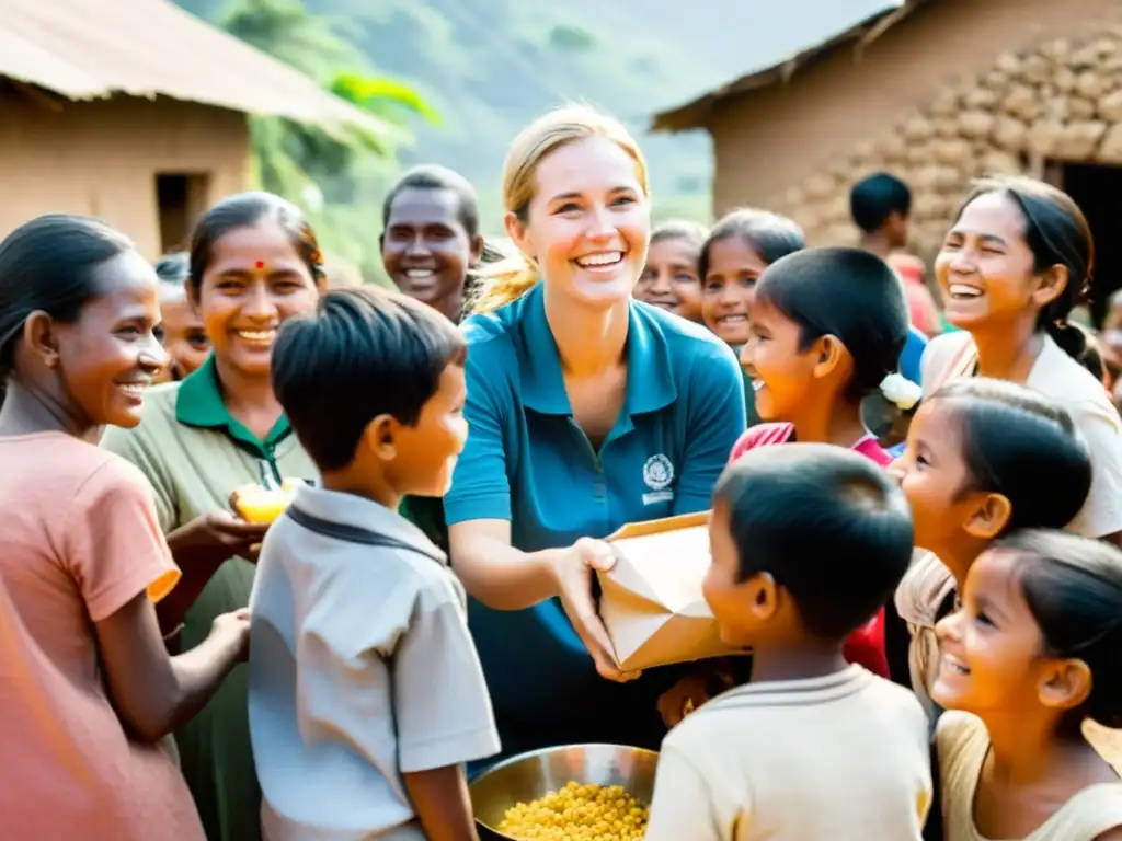 Voluntarios creando historias impactantes para ONGs al distribuir alimentos en una aldea remota, rodeados de niños y lugareños agradecidos