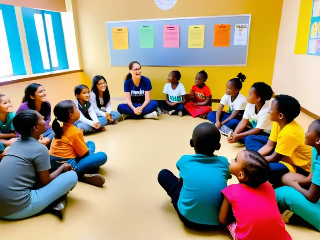 Voluntarios cuentan historias a niños, usando técnicas creativas para enganchar audiencia en un centro comunitario