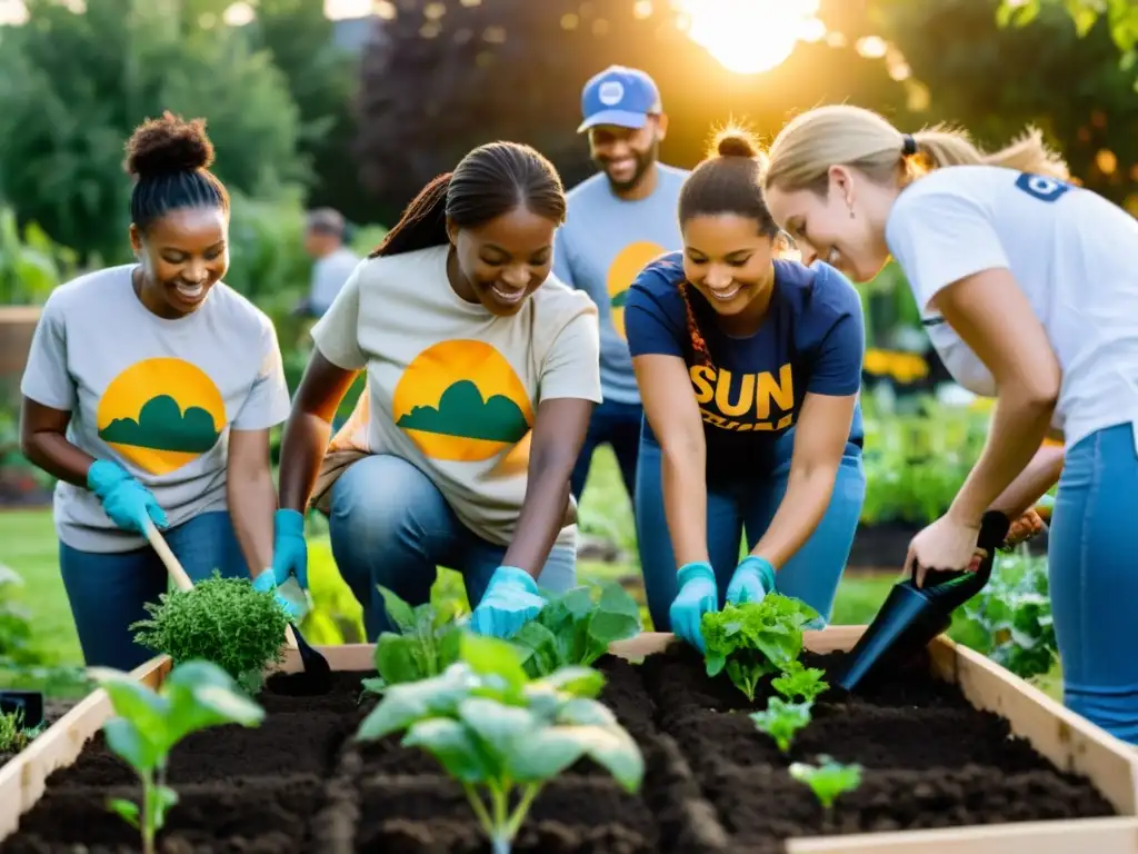 Voluntarios colaborando para construir un huerto comunitario en un entorno urbano al atardecer, reflejando la cultura de voluntariado en ONGs