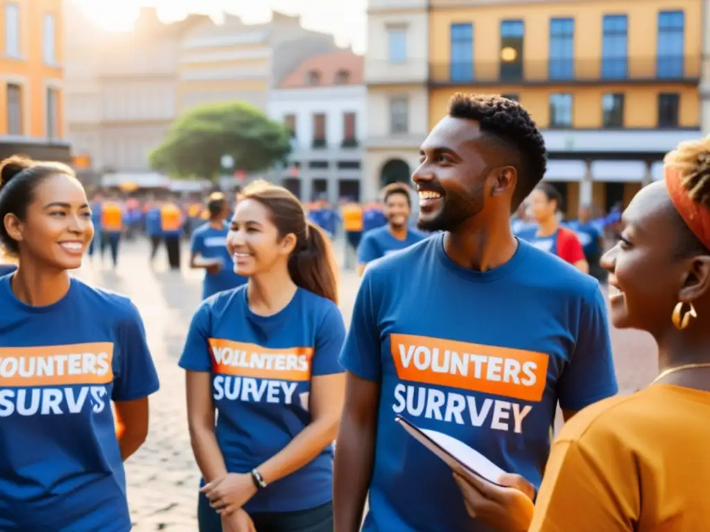 Voluntarios en t-shirts iguales realizan encuestas en una plaza urbana