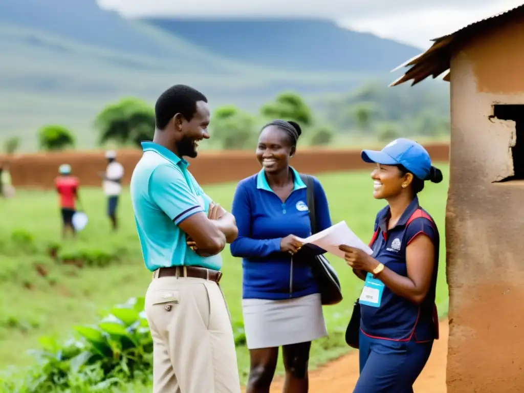 Voluntarios midiendo impacto en ONGs, interactuando con la comunidad rural en encuestas y entrevistas, reflejando autenticidad y conexión humana