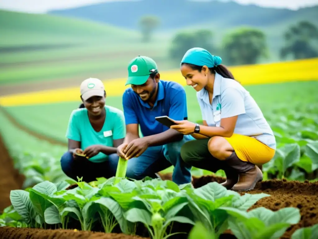 Voluntarios midiendo el impacto de prácticas agrícolas sostenibles en comunidad rural