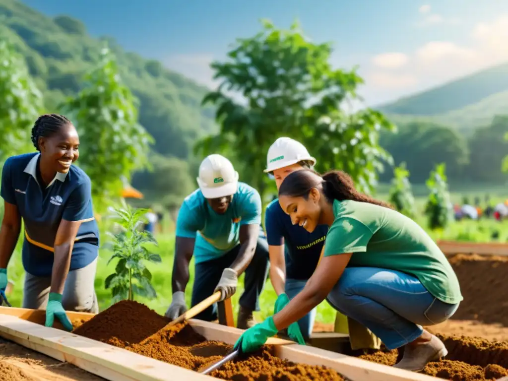 Voluntarios construyendo infraestructura sostenible en comunidad rural, integración de la comunidad en ONG