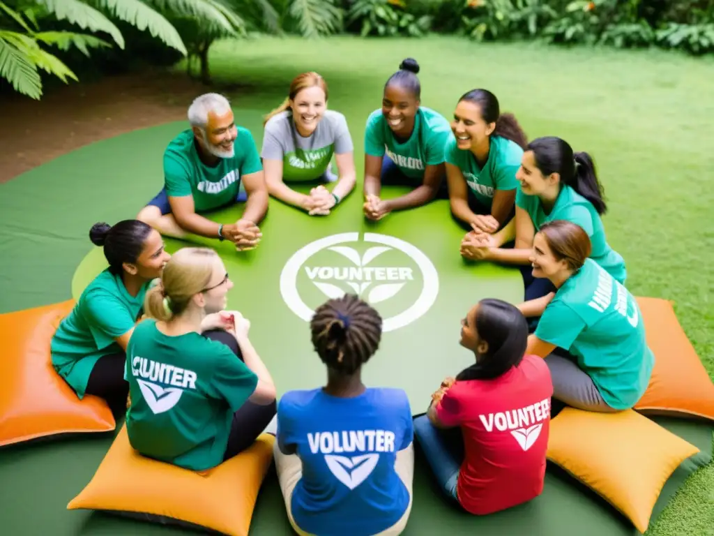 Voluntarios internacionales participando en actividad de equipo en campamento, mostrando diversidad cultural y preparación equipos voluntariado internacional