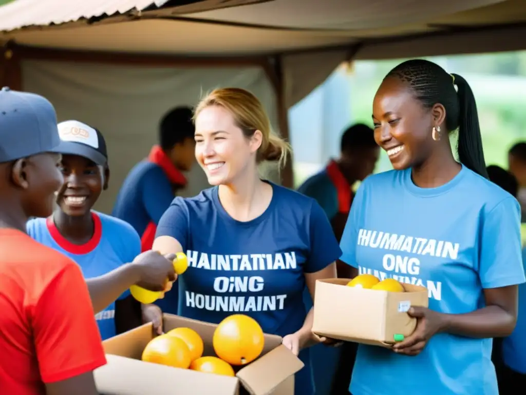 Voluntarios internacionales gestionando ayuda humanitaria en ONG, siguiendo normativas internacionales