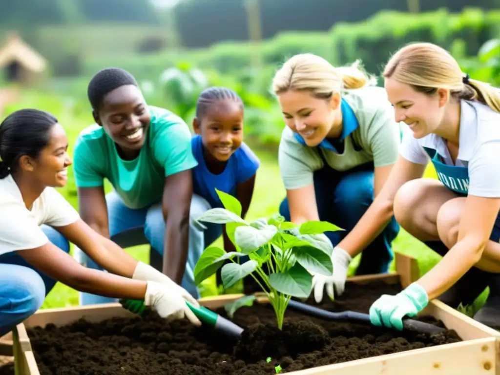 Voluntarios internacionales trabajando juntos en una comunidad rural, promoviendo normativas internacionales gestión voluntarios ONGs y sostenibilidad