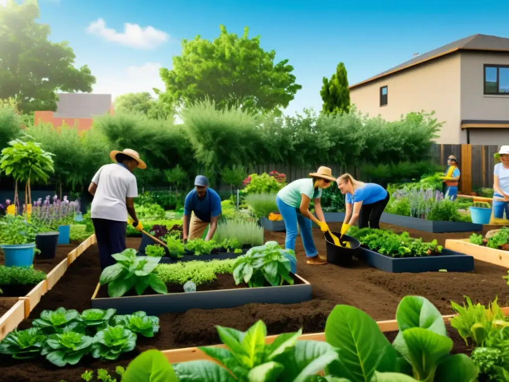 Voluntarios cuidando un jardín comunitario, colaborando con residentes locales