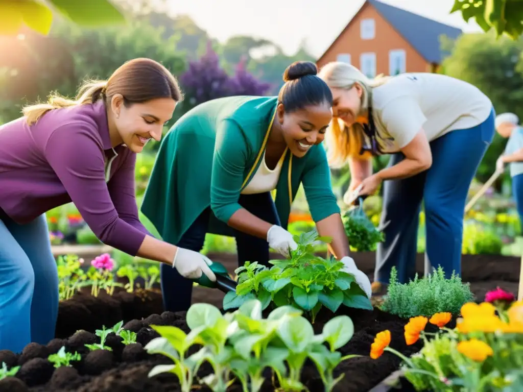 Voluntarios plantando un jardín comunitario, promoviendo la sostenibilidad