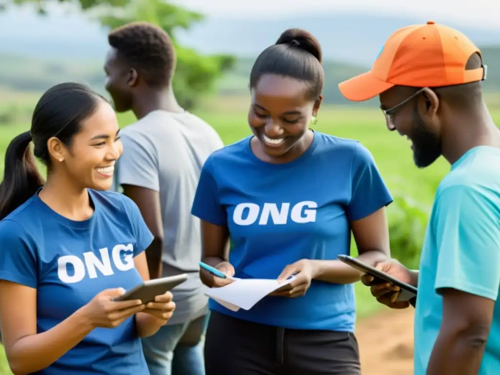 Voluntarios de ONG trabajan juntos en análisis de datos en comunidad rural