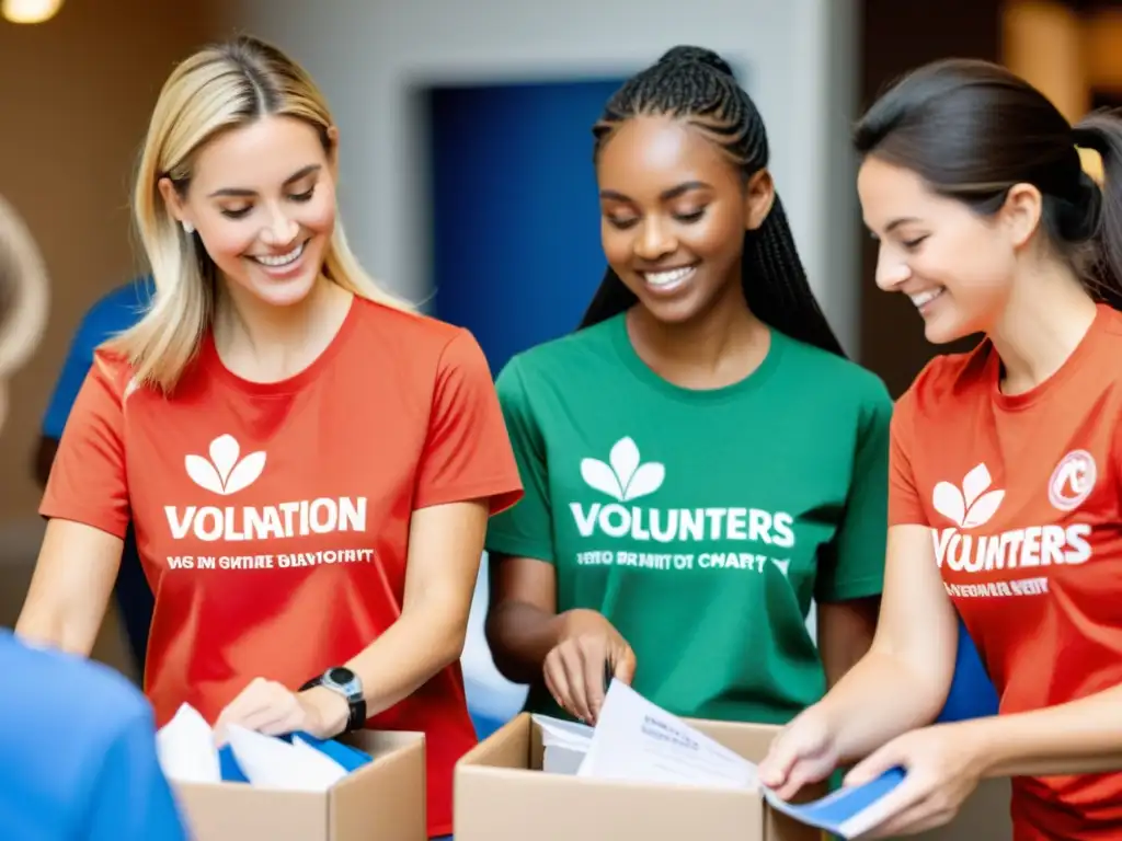 Voluntarios trabajando juntos en la organización de un evento solidario, mostrando la ética en la recaudación de fondos ONG