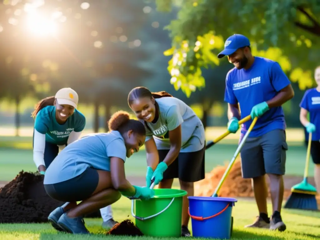 Voluntarios de una ONG trabajan juntos limpiando un parque al atardecer, mostrando una imagen positiva ONG en Internet