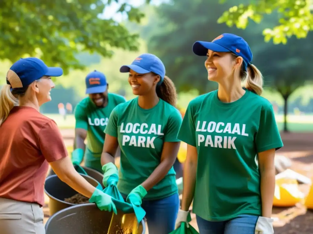 Voluntarios trabajando juntos para limpiar un parque, reflejando la importancia del Delegado de Protección de Datos