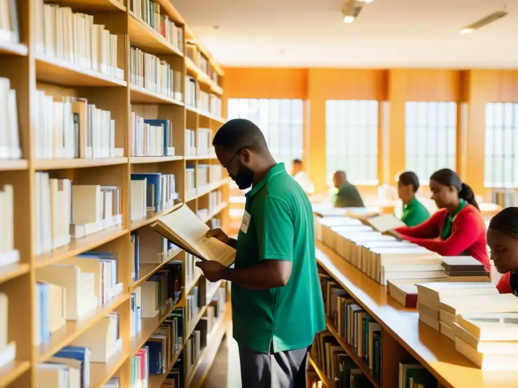 Voluntarios en ONG organizando libros con mejores prácticas citas bibliográficas, en armonía bajo la luz solar