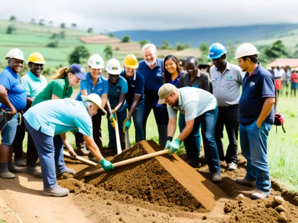 Voluntarios y líderes locales construyen infraestructura sostenible en comunidad rural, ejemplificando casos éxito intervenciones ONGs