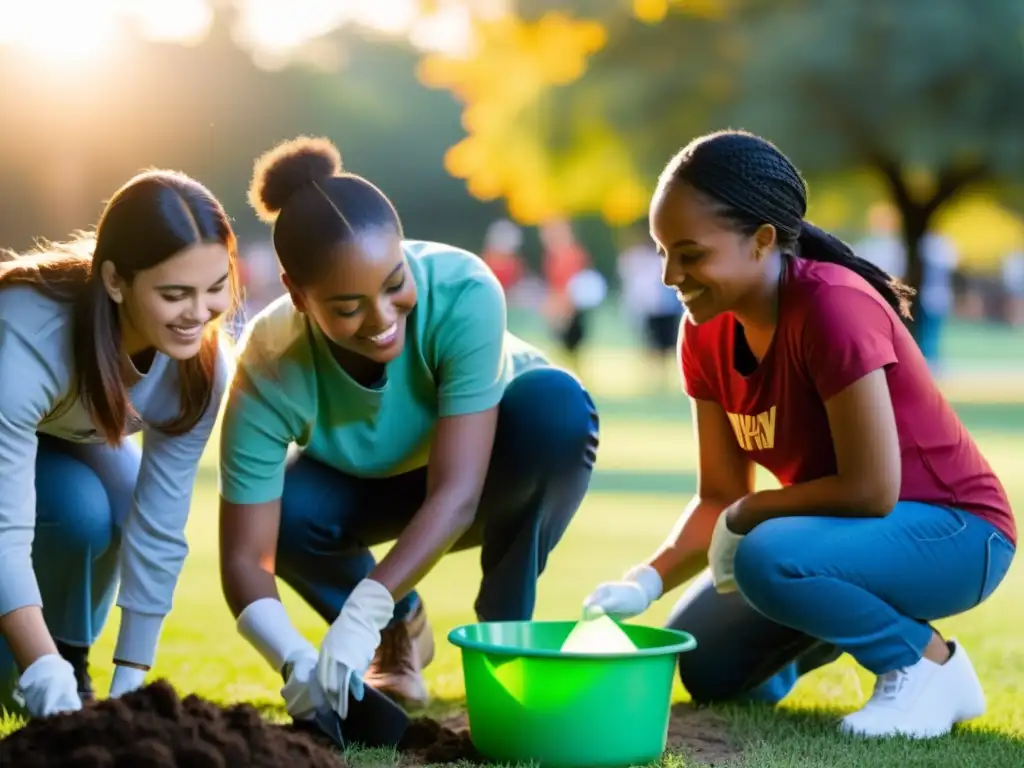 Voluntarios diversos colaboran en la limpieza de un parque, mostrando la importancia de la diversidad en el voluntariado de ONG