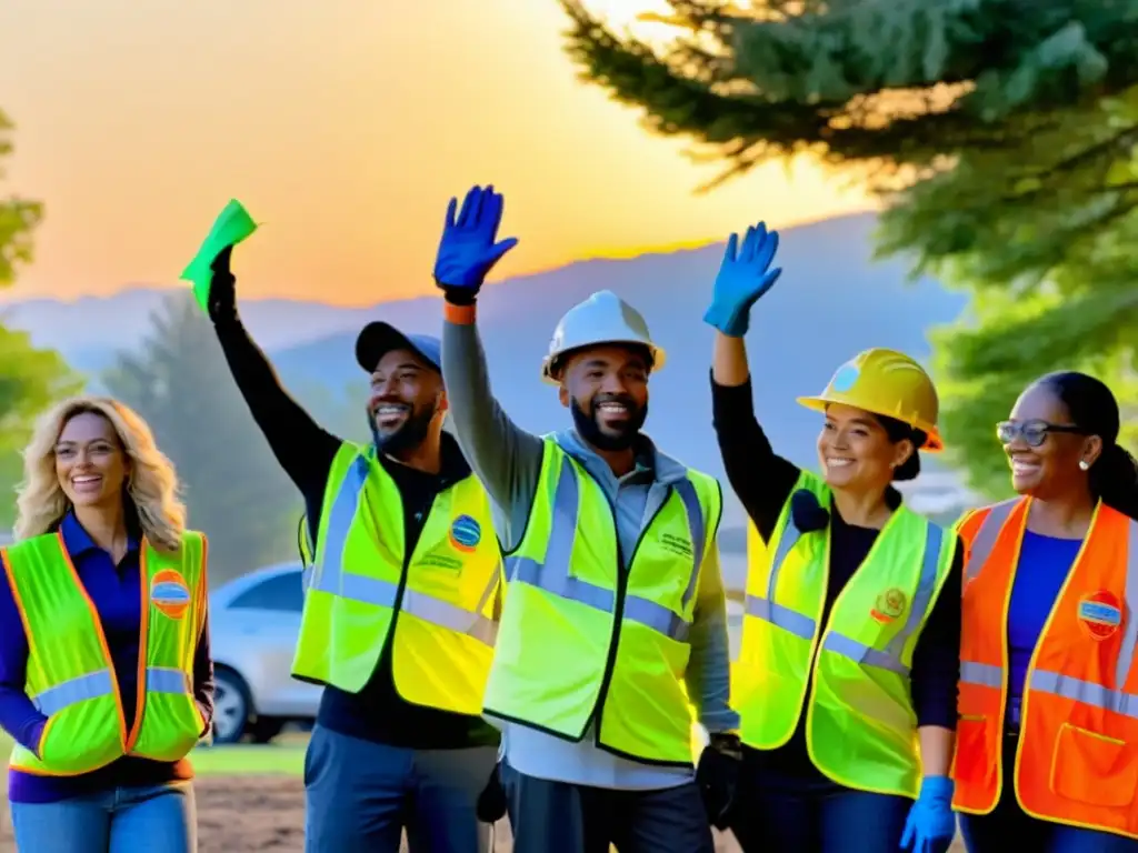 Voluntarios de ONG, listos para servicio comunitario con protocolos de seguridad, mostrando diversidad y compromiso