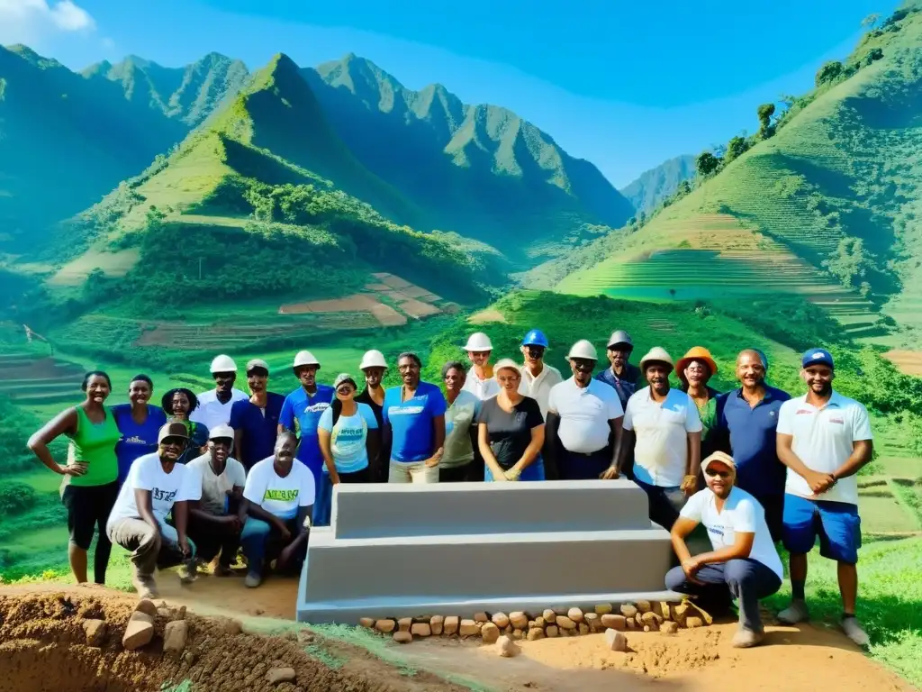 Voluntarios y lugareños construyendo juntos en una aldea rural