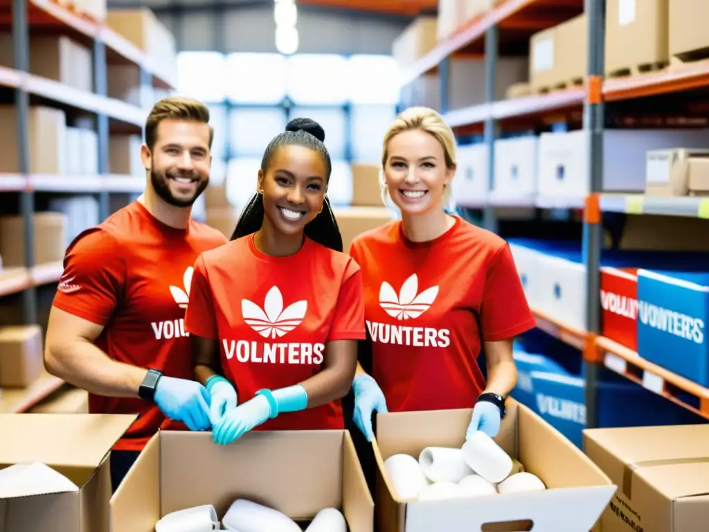 Voluntarios preparando mercancía solidaria para ONG en almacén iluminado, promoviendo unión y propósito comunitario