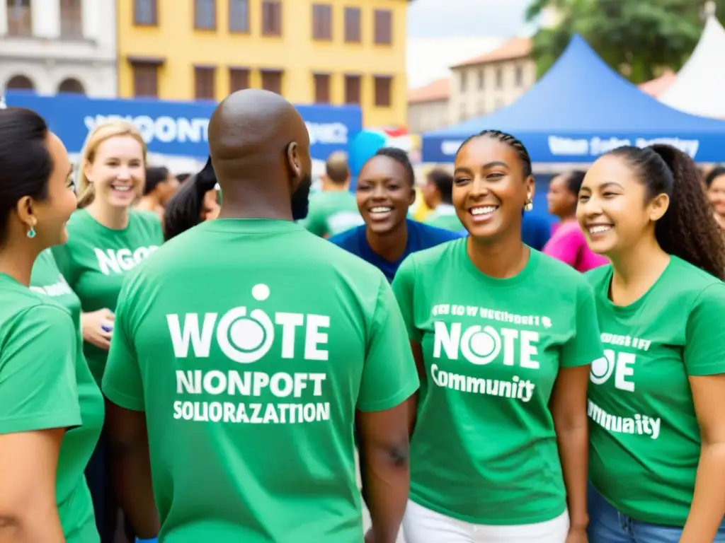 Voluntarios reparten merchandising solidario para ONG en concurrida plaza, creando comunidad y sonrisas