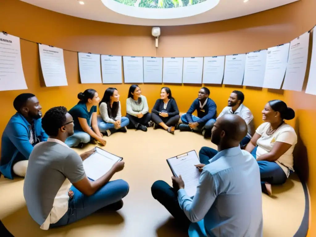 Voluntarios y miembros de una ONG discuten y elaboran casos estudio con pasión en un ambiente cálido y lleno de luz natural