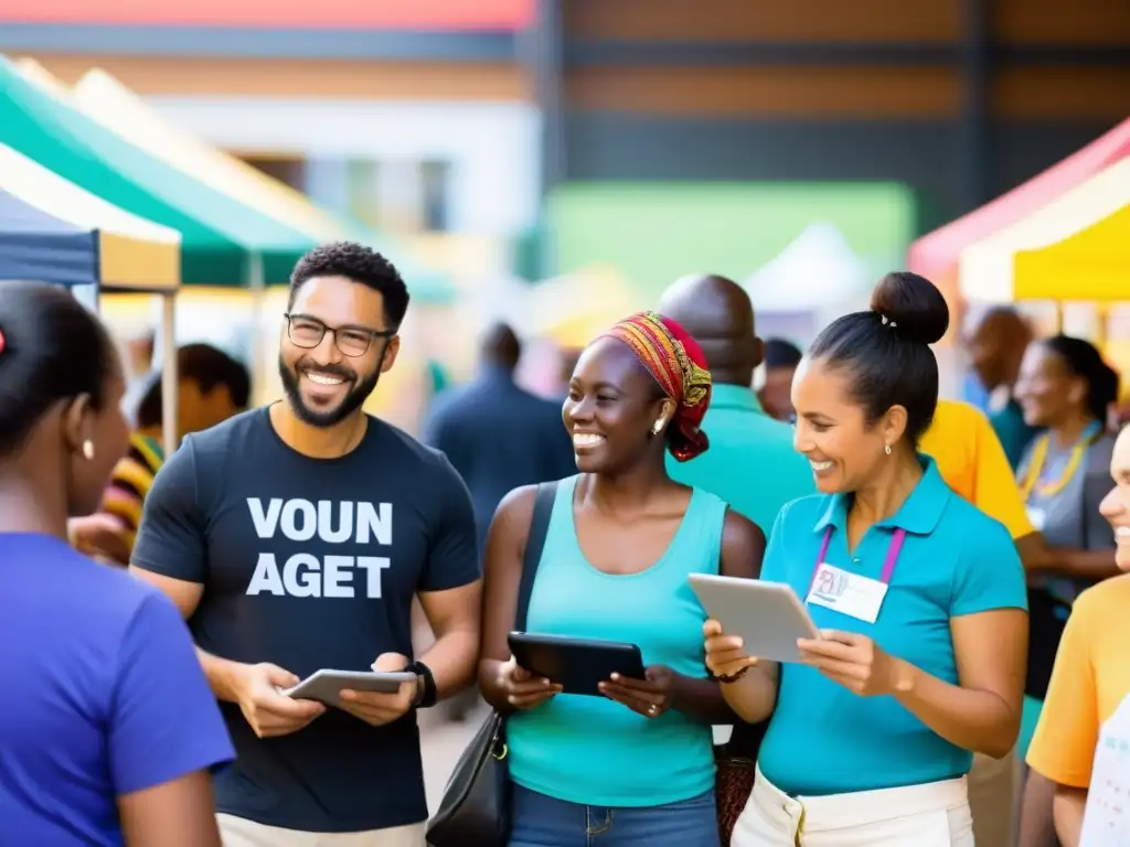 Voluntarios y miembros de la comunidad en un bullicioso mercado, realizando mediciones de impacto en ONGs con tablets y libretas