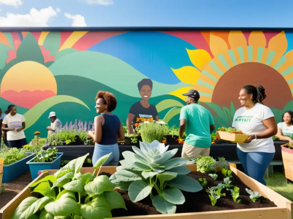 Voluntarios y miembros de la comunidad colaboran en un jardín comunitario