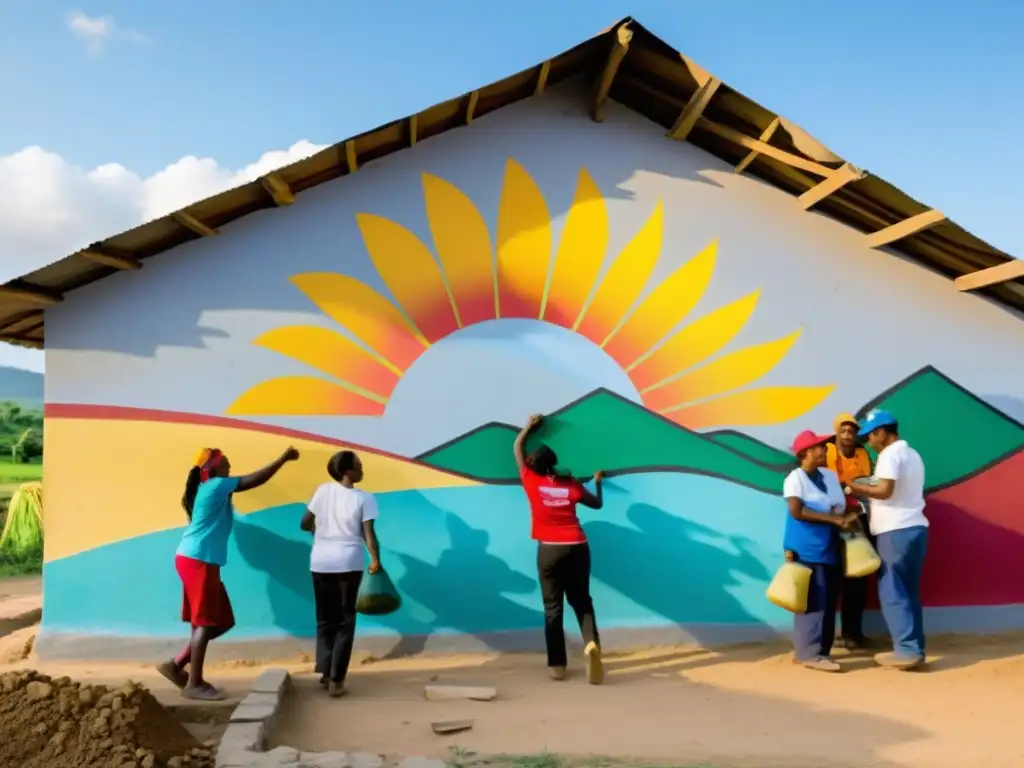 Voluntarios y miembros de la comunidad reconstruyen escuela rural con murales coloridos y arte vibrante