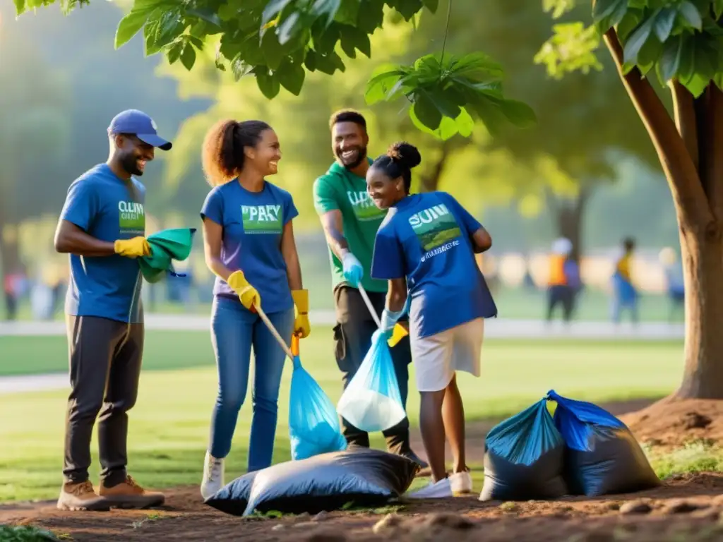 Voluntarios y miembros de la comunidad organizan eventos sostenibles ONG, limpiando un parque local al atardecer, con sonrisas y cooperación