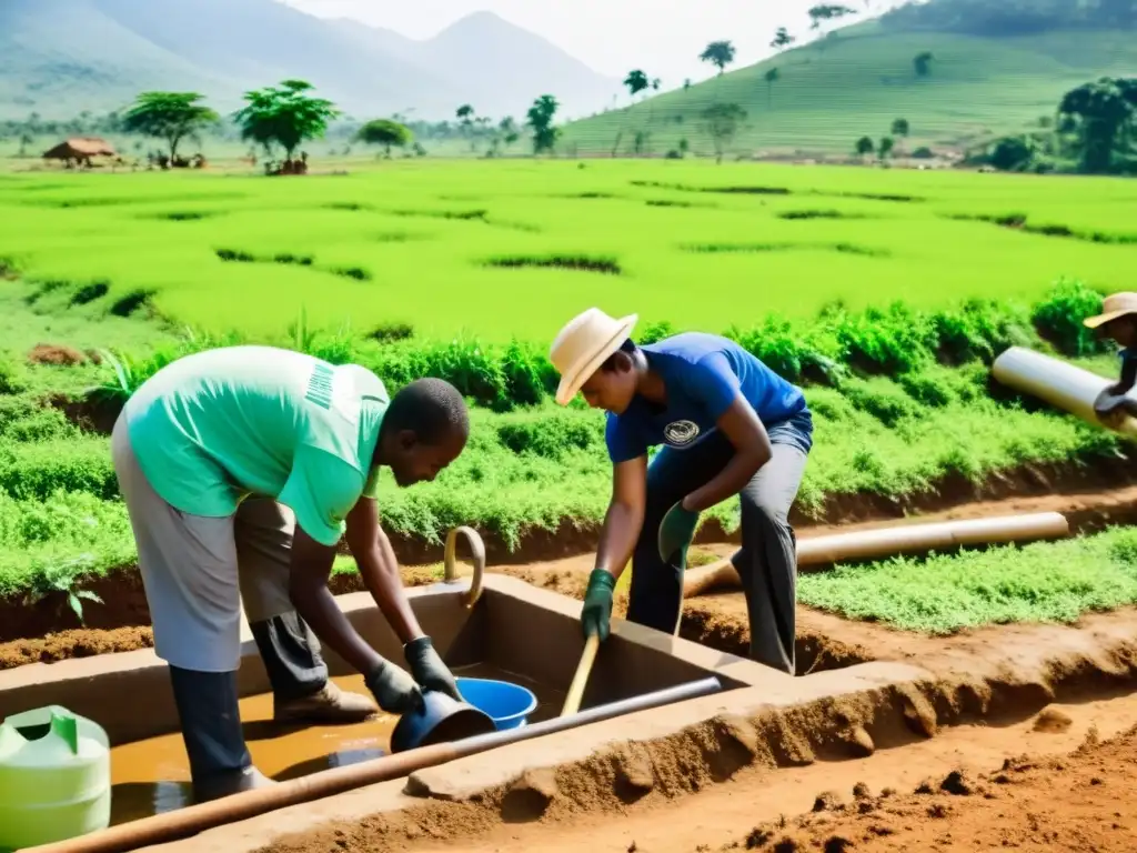 Voluntarios y miembros de la comunidad construyen infraestructura de agua, mostrando el impacto social de las estrategias de ONGs