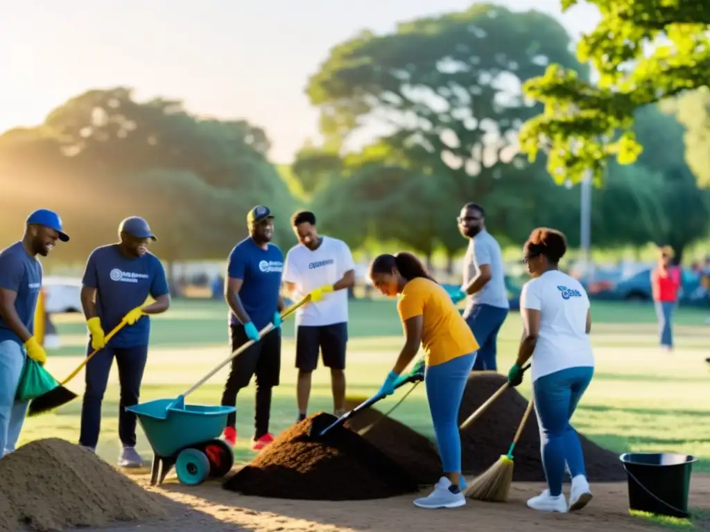 Atardecer solidario: Comunidad limpia parque juntos Voluntarios y miembros de la comunidad trabajan juntos para limpiar un parque local al atardecer, mejorando la reputación digital de ONGs