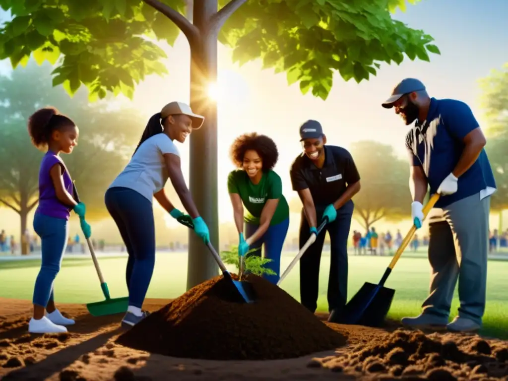 Voluntarios y miembros de la comunidad trabajan juntos para limpiar y plantar árboles en un parque local al atardecer