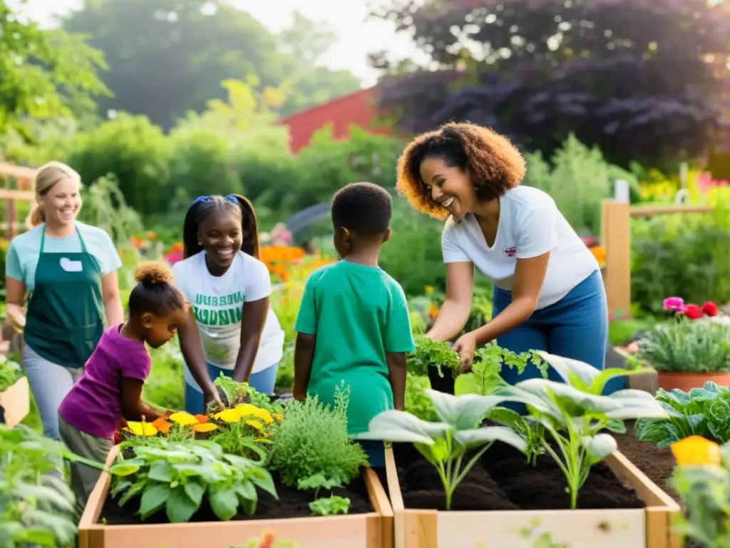 Voluntarios y miembros de la comunidad cultivan un jardín, con niños participando con entusiasmo