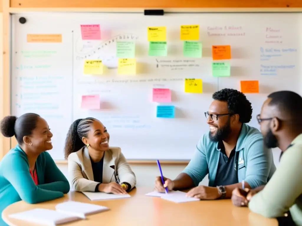 Voluntarios y miembros de la comunidad planifican proyectos de impacto social en un centro comunitario luminoso, con indicadores de impacto social ONGs en un tablero detrás de ellos