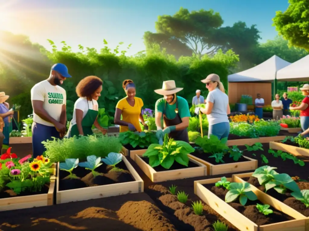 Voluntarios y miembros de la comunidad construyendo jardín sostenible, con plantas verdes y flores coloridas