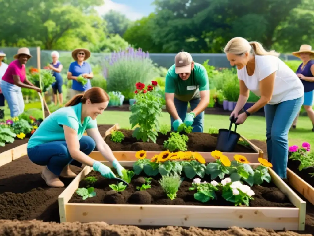 Voluntarios y miembros de la comunidad construyen un jardín sostenible, con vegetación exuberante y gente de todas las edades participando activamente