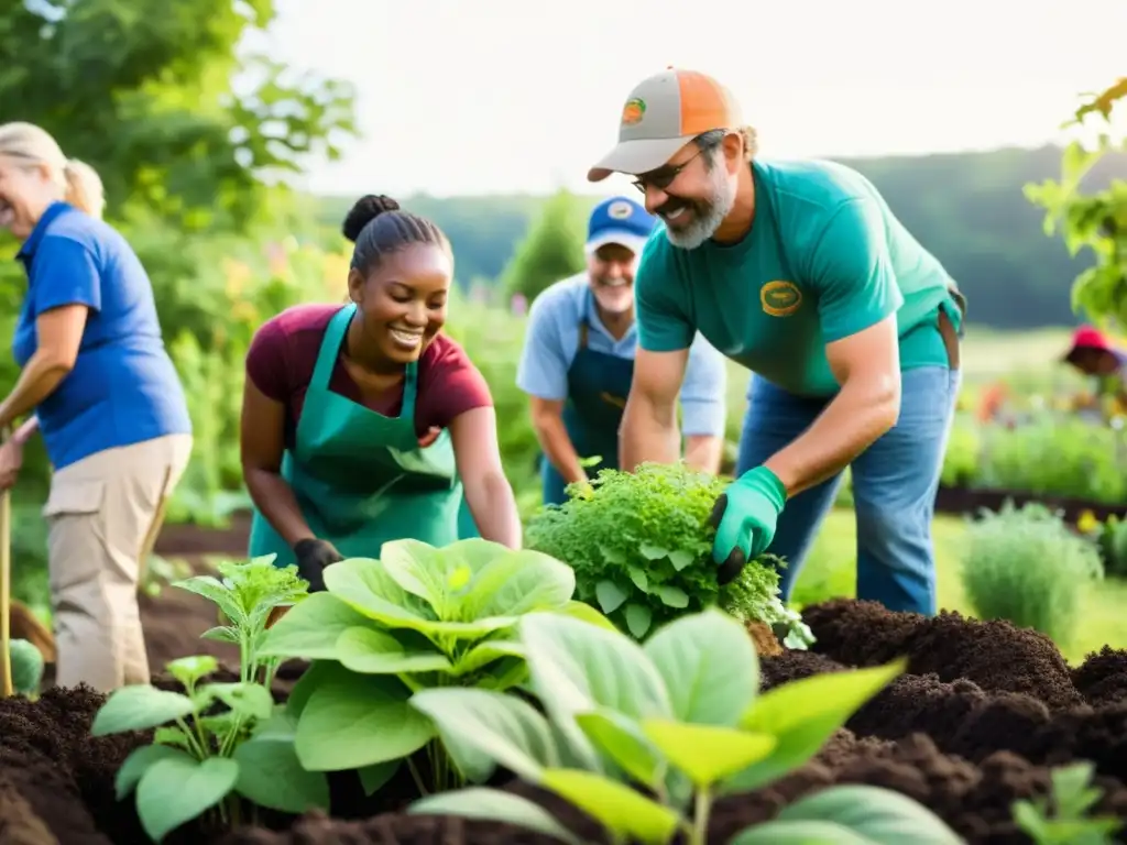 Voluntarios y miembros de la comunidad construyen jardín sostenible en equipo, promoviendo estrategias sostenibles captación fondos ONG