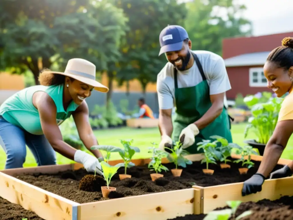 Voluntarios y miembros de la comunidad construyen jardín sostenible en centro comunitario, mostrando estrategias de crecimiento para ONGs