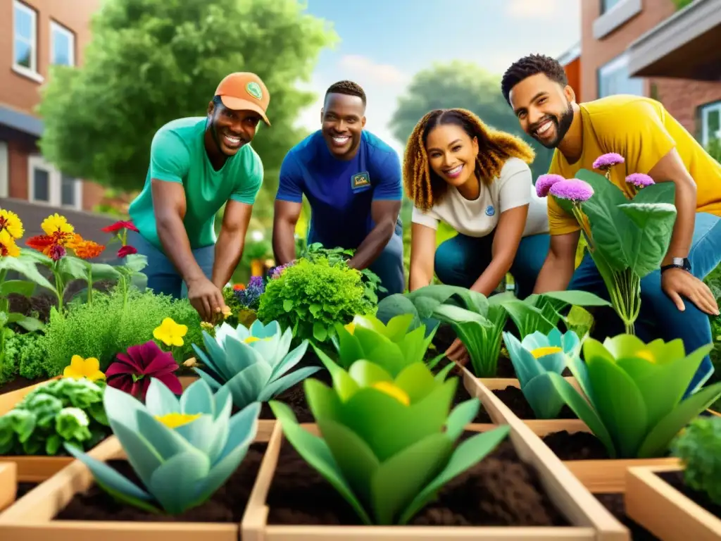 Voluntarios y miembros de la comunidad colaboran en un jardín sostenible en la ciudad, reflejando crecimiento y colaboración para ONGs