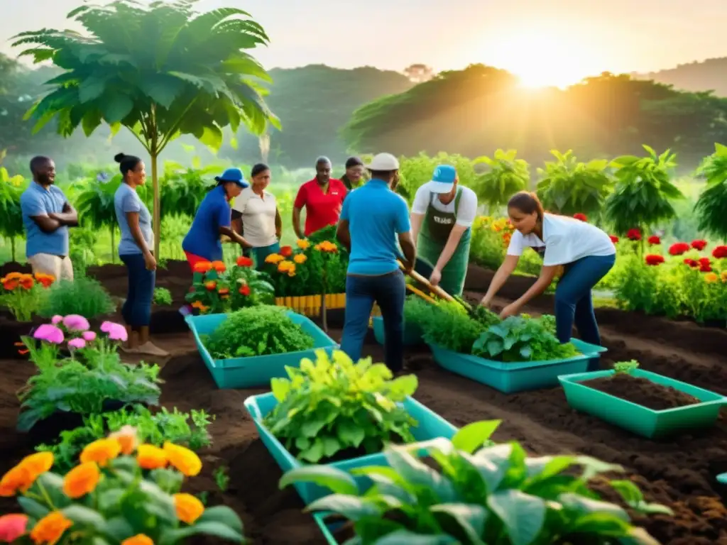 Voluntarios y miembros de la comunidad construyen jardín sostenible en proyecto de ONG, reflejando cooperación y mejora continua en proyectos ONGs