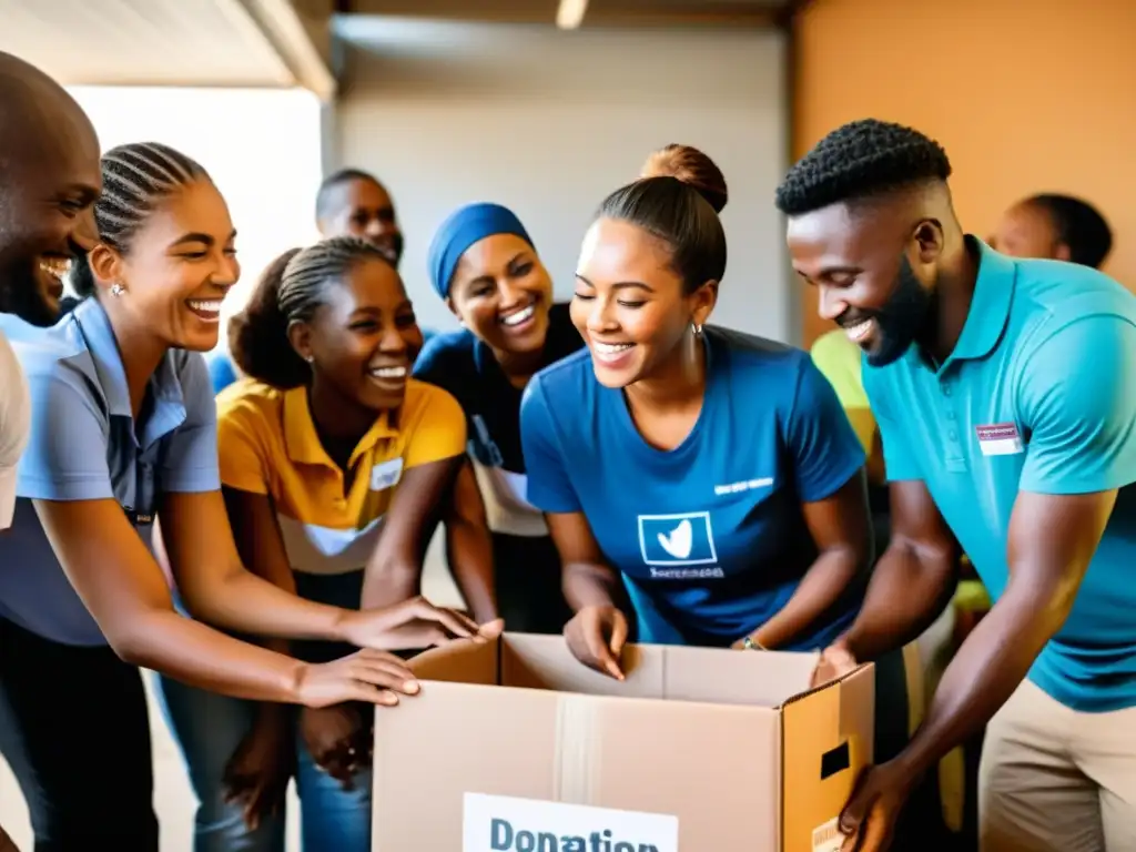 Voluntarios y miembros de la comunidad distribuyen suministros en ONG, reflejando la conexión humana y el apoyo comunitario